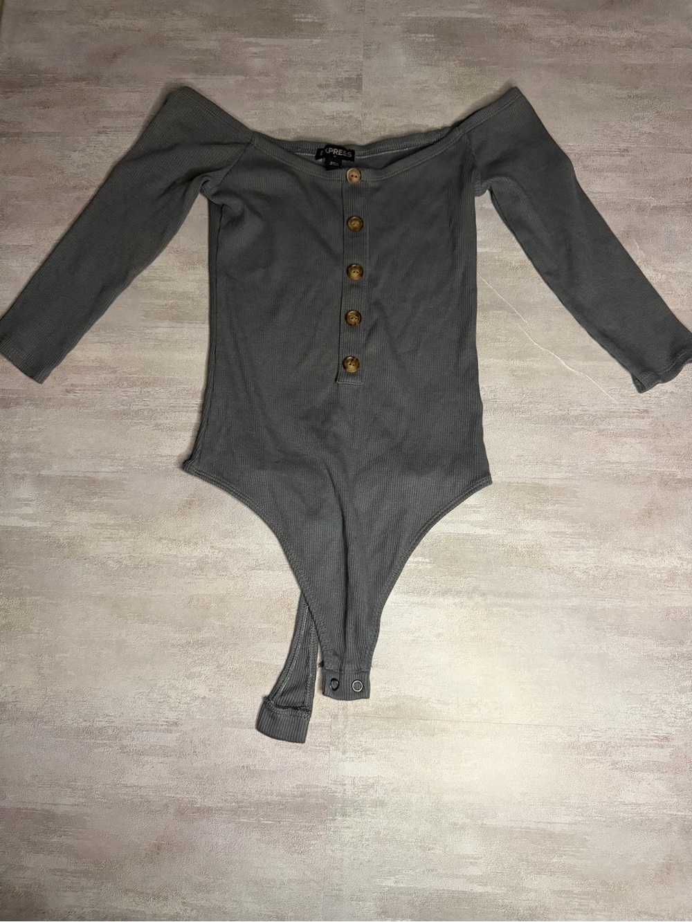 Express Gray Off-Shoulder Ribbed Button-Front Bodysuit